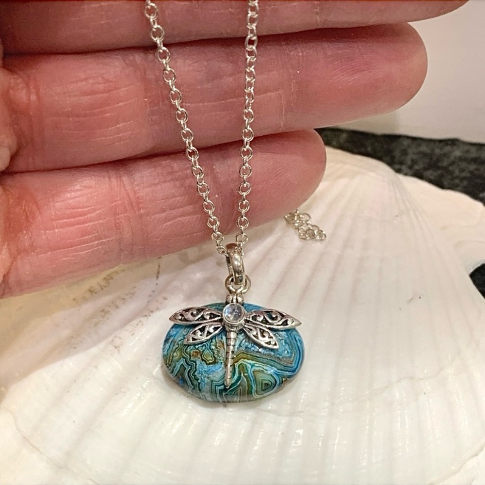 Blue Laguna Lace & Moonstone Sterling Dragonfly Pendant - Picture 4 of 5